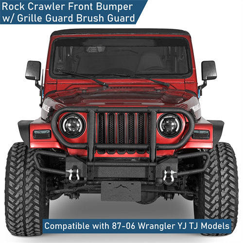 Rock Crawler Front Bumper w/ Grille Guard Brush Guard For 1987-2006 Jeep Wrangler YJ TJ - Ultralisk4x4