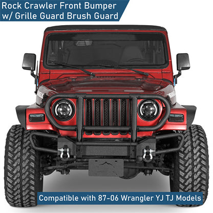 Rock Crawler Front Bumper w/ Grille Guard Brush Guard For 1987-2006 Jeep Wrangler YJ TJ - Ultralisk4x4