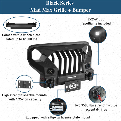 Full-width Front Bumper w/Mad Max Grill For 2018-2025 Jeep Wrangler JL & Jeep Gladiator JT - Ultralisk 4x4