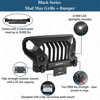 Full-width Front Bumper w/Mad Max Grill For 2018-2026 Jeep Wrangler JL & Jeep Gladiator JT - Ultralisk 4x4