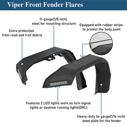 Front Fender Flares w/ LED Turn Signal Lights For 2018-2025 Jeep Wrangler JL & Gladiator JT - ultralisk4x4