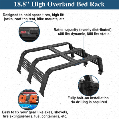 18.8" High Overland Bed Rack For 2020-2025 Jeep Gladiator JT / 2005-2023 Toyota Tacoma(5' Bed) / 2019-2025 Ford Ranger - Ultralisk4x4