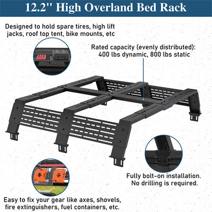 12.2" High Overland Bed Rack For 2020-2025 Jeep Gladiator JT / 2005-2023 Toyota Tacoma(5' Bed) / 2019-2025 Ford Ranger - Ultralisk4x4