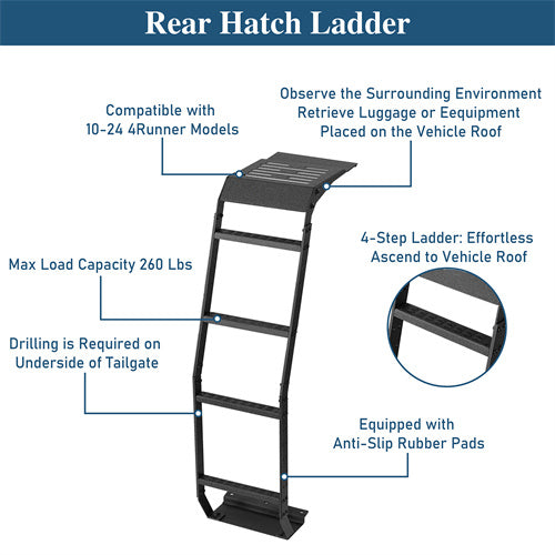 Black Metal Tailgate Ladder For Toyota 4Runner 2010-2024, US Stock, Rear Hatch Accessory, 6-Month Warranty