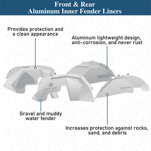 Front & Rear Aluminum Inner Fender Liners For 2007-2018 Jeep Wrangler JK - Ultralisk4x4