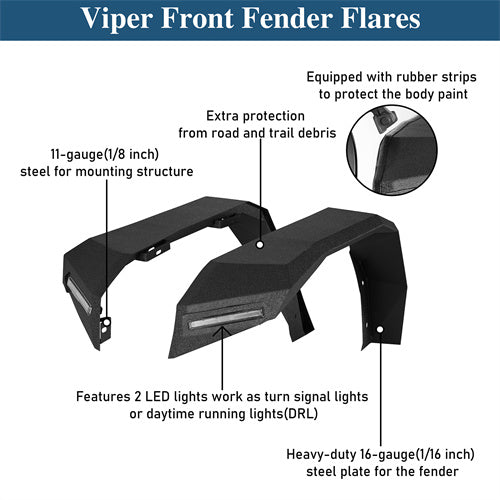 Front Fender Flares w/ LED Lights For 2007-2018 Jeep Wrangler JK - Ultralisk4x4