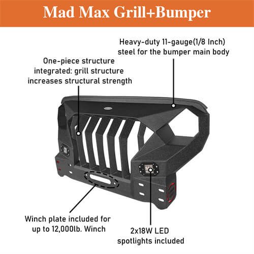 Front Bumper w/Grille Guard & Winch Plate for 2007-2018 Jeep Wrangler JK - Ultralisk 4x4  ULB.2038 12