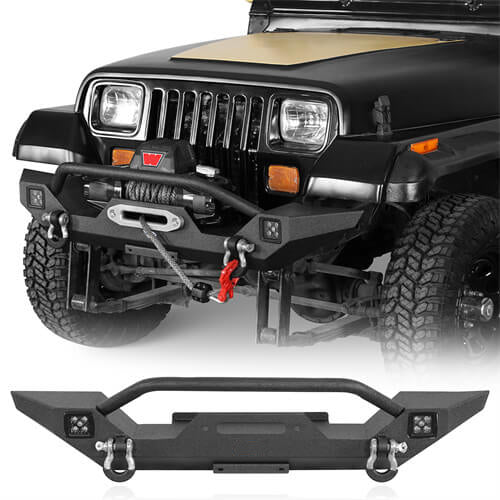 Aftermarket Front Bumper w/ Winch Plate & LED Spotlights For 1987-1995 Jeep Wrangler YJ - Ultralisk4x4