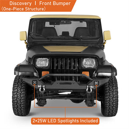 Aftermarket Front Bumper w/ Winch Plate & LED Spotlights For 1987-1995 Jeep Wrangler YJ - Ultralisk4x4