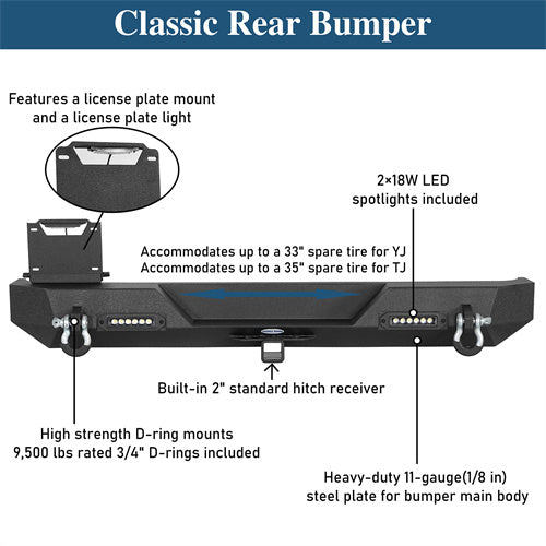 Car Bumper Rear Bumper w/ LED Lights For 1997-2006 Jeep Wrangler TJ - Ultralisk4x4