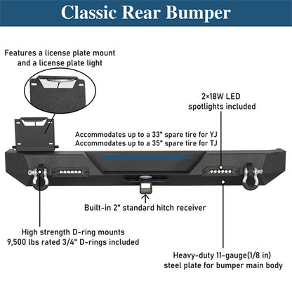 Car Bumper Rear Bumper w/ LED Lights For 1997-2006 Jeep Wrangler TJ - Ultralisk4x4
