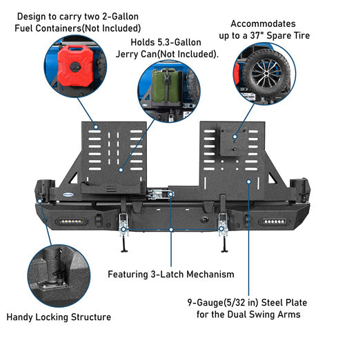 Road Trip Rear Bumper w/ Dual Swing Arms & Tire Carrier & 5.3-Gallon Jerry Can Holder For 2016-2023 Toyota Tacoma - Ultralisk4x4
