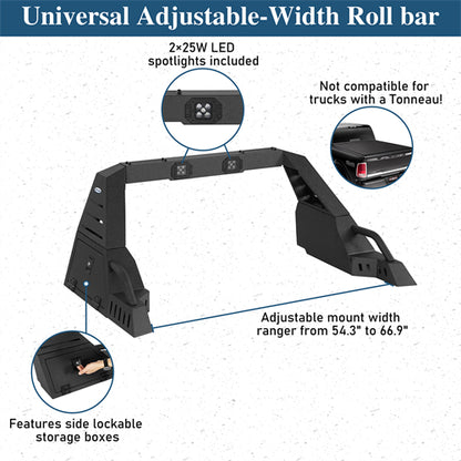 Adjustable Roll Bar w/ LED Spotlights For Ford F-150 | Chevy Silverado 1500 | GMC Sierra 1500 | Ram 1500 | Toyota Tundra - Ultralisk4x4