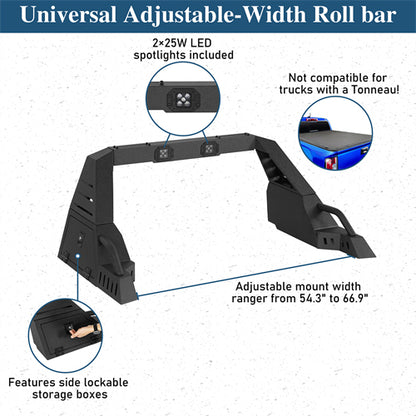 20.7" High Adjustable Roll Bar For 05-25 Toyota Tacoma | 19-25 Ford Ranger | 15-25 GMC Canyon | 15-25 Chevrolet Colorado - Ultralisk4x4