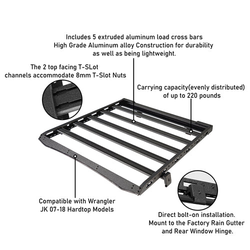 Aluminum Roof Top Cargo Rack (2007-2018 Jeep Wrangler JK Hard Top 2/4 Doors) - Ultralisk4x4