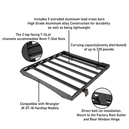 Aluminum Roof Top Cargo Rack (2007-2018 Jeep Wrangler JK Hard Top 2/4 Doors) - Ultralisk4x4