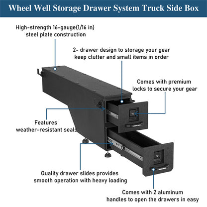 Wheel Well Storage Drawer System Truck Side Box For 2015-2022 Chevy Colorado GMC Canyon 5'2" Bed - Ultralisk4x4