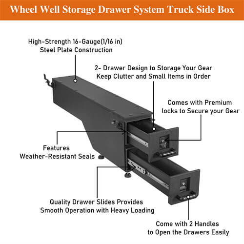 Wheel Well Storage Drawer System Truck Side Box For 2015-2022 Chevy Colorado GMC Canyon - Ultralisk4x4-u9105-9