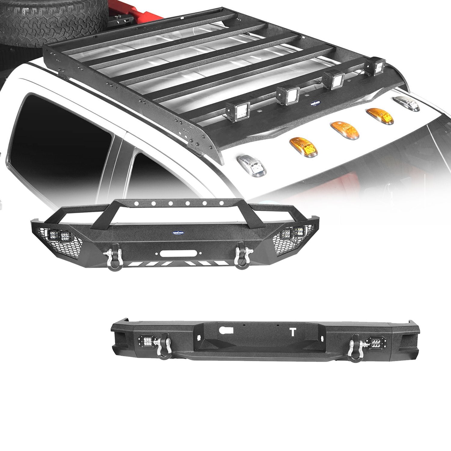 Full Width Front Bumper & Back Bumper & Roof Rack for 2014-2021 Toyota Tundra Crewmax b5000+b5003+b5004 1
